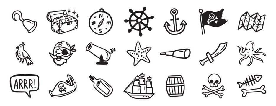 pirate adventure and sea elements. ship, coins, bottle, anchor doodle hand drawn icon set. Outline drawing pirate sea adventure line clipart symbol collection