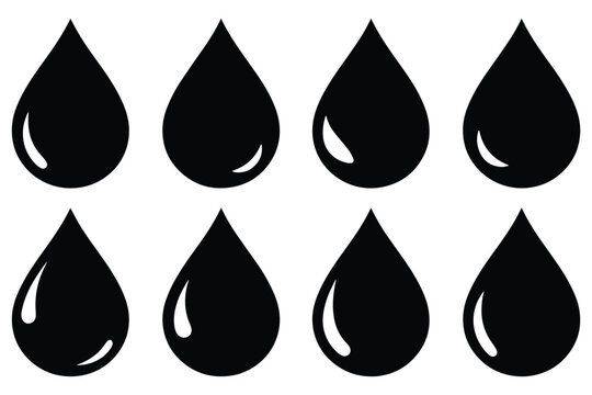 Collection of simple black water drop icons, each featuring a glossy highlight, arranged in a neat grid pattern, isolated on white background vector illustration
