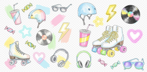Watercolor illustration of retro 80s and 90s themed items including roller skates, helmets, sunglasses, headphones, vinyl records, and candy on a pastel background.