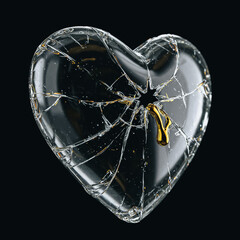 A broken heart of glass with golden tear, a poignant visual metaphor that conveys vulnerability and heartbreak.