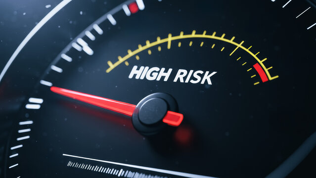 A close-up of a gauge reads High Risk, indicating a potential danger or hazard in a detailed and realistic rendering.