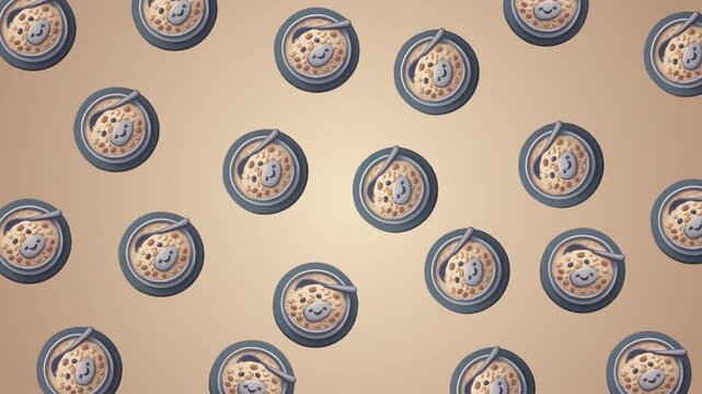 A cheerful animated background pattern featuring stylized oats, milk splashes, and brown sugar crystals swirling and cascading across a warm, neutral toned backdrop.