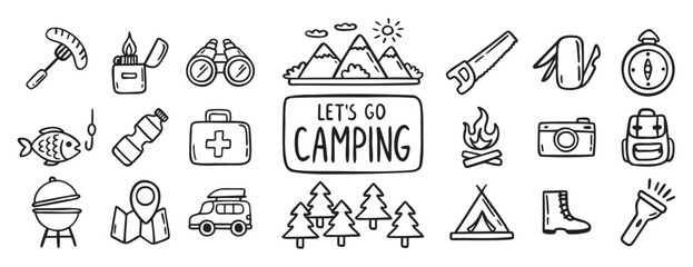 camping equipment doodle hand drawn icon set. Outline drawing camping tourism line clipart symbol collection. Local travel adventure 