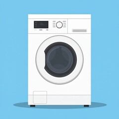 Modern White Front Load Washing Machine on a Blue Background.