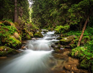 Fototapeta premium Mountain stream or river in a forest, spring nature landscape