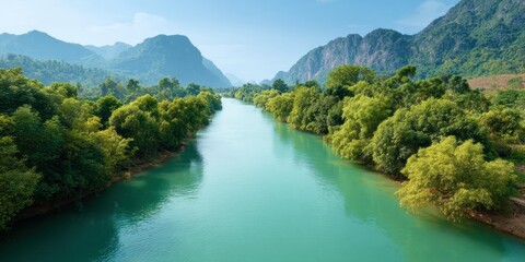 Premium Authentic Eco Tourism River Landscape with Lush Greenery and Mountains Inspiring Nature Conservation Content for Millennial Outdoor Marketing