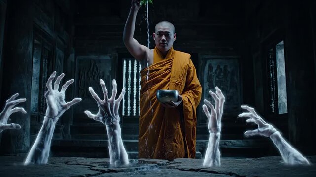 Young Monk Walking in Abandoned Temple with Bowl and Leaves