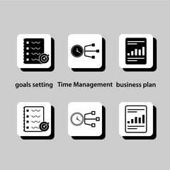 The icons include a clock, a notebook, a business plan, and a goal setting chart