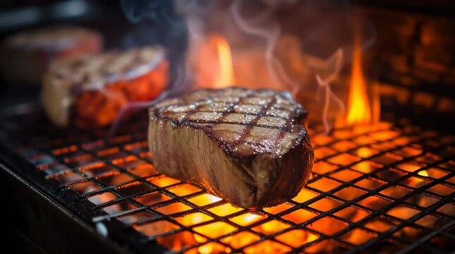 Cooking grass fed organic beef filet mignon barbecue, charcoal-grilled, beef steak cooking, ,	
