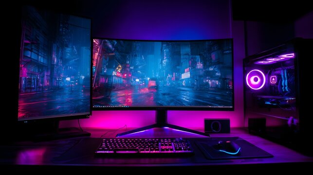 Modern computer setup with dual monitors and purple ambient lighting.