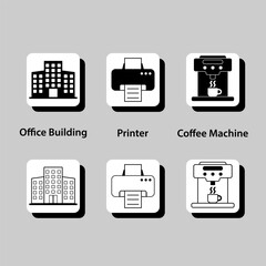 A variety of office supplies, including a printer, a coffee machine