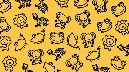 Seamless Pattern of Cute Cartoon Frogs and Bees on Yellow Background, Illustration, Graphic Design, Close-Up View, Playful Concept