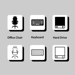 A set of icons for a computer keyboard, office chair, and hard drive