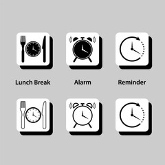 A set of six different clock icons, each with a different time displayed