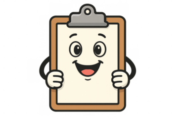 Clipboard mascot character holding a blank paper, smiling and presenting information, cartoon illustration