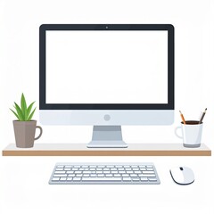 Fototapeta premium Modern Workspace Setup with Computer, Keyboard, and Accessories.