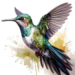 Fototapeta premium A digitally painted hummingbird with vibrant colors and splashy watercolors