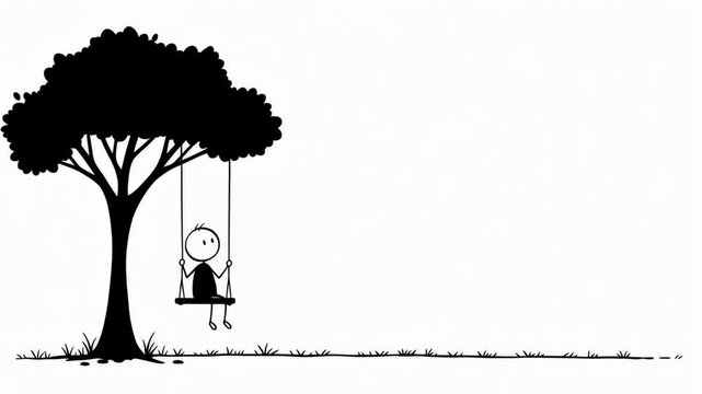 Cartoon figure on swing under tree silhouetted against white background for conceptual imagery