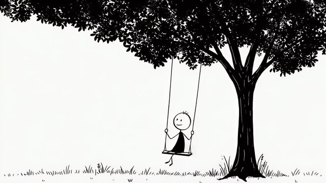 Cartoon figure swinging under tree black and white minimalist animation isolated illustration