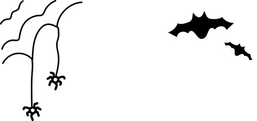 Halloween Party Border Element. 
Minimalist Spider and bat in black. Horrifying illustrative image for Halloween.
Spider and bat web black.