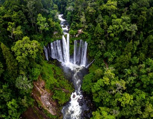 Aerial view of a lush waterfall cascade through a green forest
