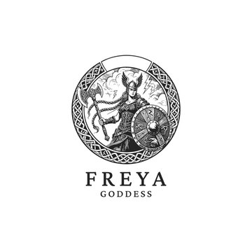 powerful vintage engraving logo featuring the Norse Goddess Freya (or Freyja), the deity of war, love, and fertility