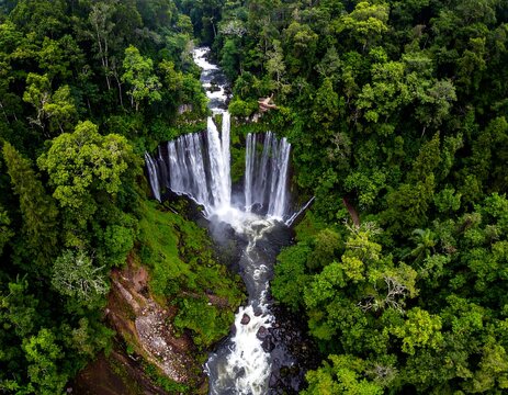 Aerial view of a lush waterfall cascade through a green forest