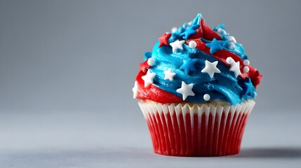 Patriotic cupcake with red, white, and blue frosting and star decorations.
