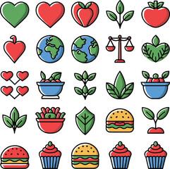 Colorful Vegan Icon Set Plant-Based, Eco, Ethical Lifestyle Symbols