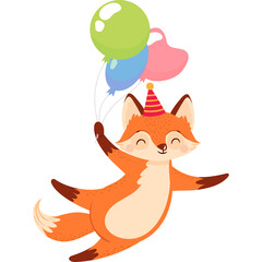 Joyful fox wearing a party hat floats in the air holding a bunch of green blue and pink balloons with a transparent background celebrating a birthday party