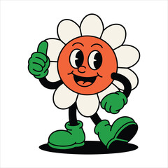 Retro cartoon flower character giving thumbs up and smiling vintage