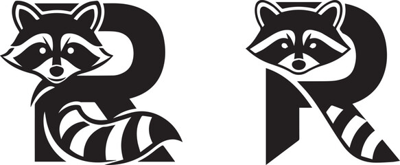 Stylized Raccoon Letter R Monogram Logo Black White