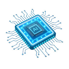 Artificial Intelligence Chip: A glowing AI chip pulses with energy, its intricate circuits and glowing edges symbolizing the cutting edge of technological innovation.