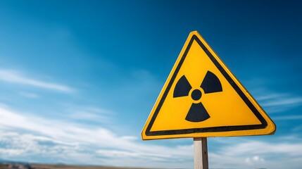 A bright yellow radiation warning sign stands against a blue sky.