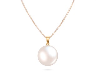 Elegant gold necklace, adorned with pearls and a large, luminous pearl pendant, set against a clean white background