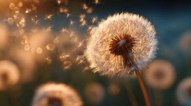 Dandelion seeds disperse in warm sunlight with blurred background.