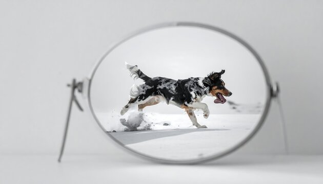 A dog runs freely across a snow-covered landscape, framed by a mirror