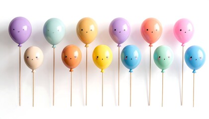 A dozen pastel-colored balloons with adorable cartoon faces on white background