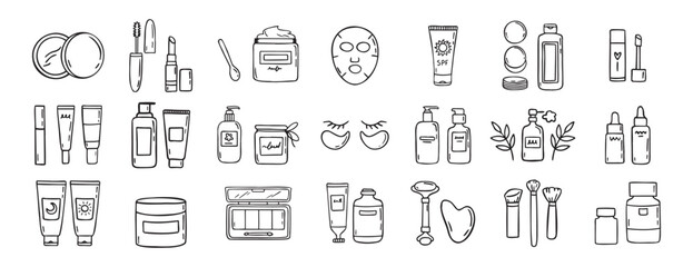 make up beauty doodle hand drawn icon set. Outline drawing cosmetics line clipart symbol