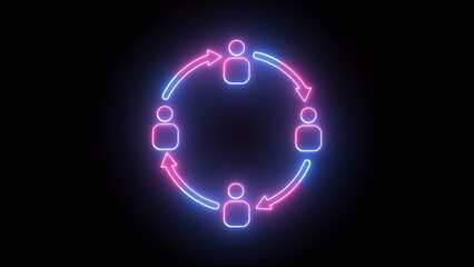 Neon glowing social network or work networking icon with people and diagrams illustration