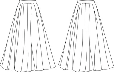 Cad drawing flat vector illustration, technical fashion sketch, pleated skirt design, garment construction, apparel template, flowing silhouette, waistband detail