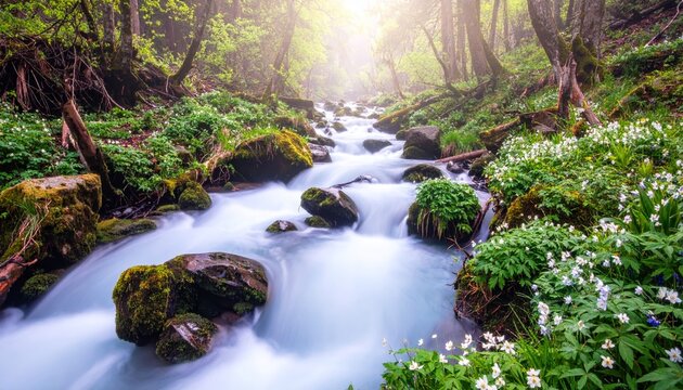 Mountain stream or river in a forest, spring nature landscape - Powered by Adobe