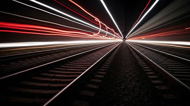 Dynamic light streaks illuminate train tracks, creating a blur of speed and motion in a long exposure night shot, symbolizing rapid progress and futuristic travel.