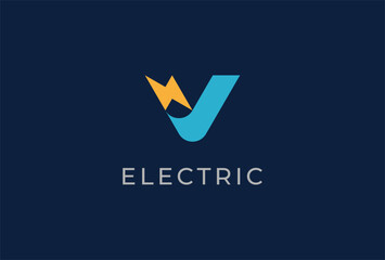Electric Logo, abstract letter V and lightning bolt combination, electric design logo template element, vector illustration