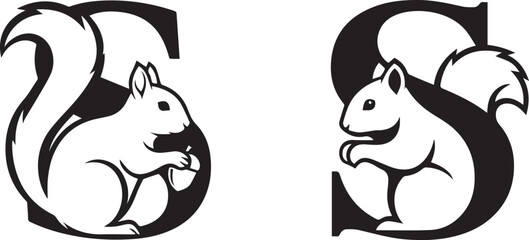 Monochrome Squirrel Illustration integrated into Stylized Letter S Shape