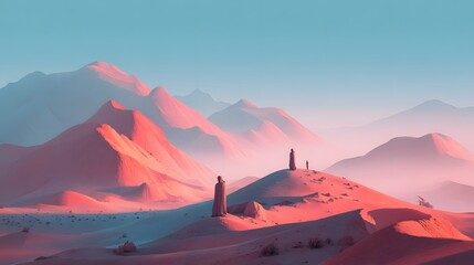 Figures stand on sand dunes under a hazy pink and blue sky.