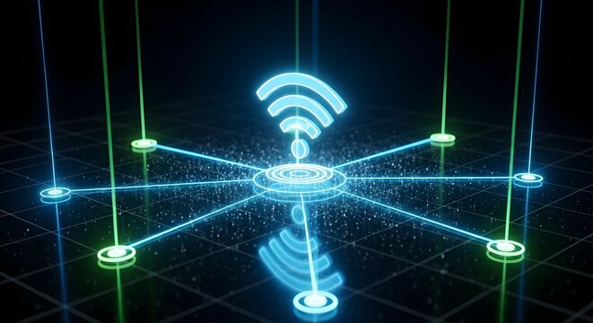 Glow-in-the-dark Wi-Fi symbol connecting to a network of nodes on a grid. Concept of global internet access, wireless technology, and data transfer. Blue symbol representing broadcasting 