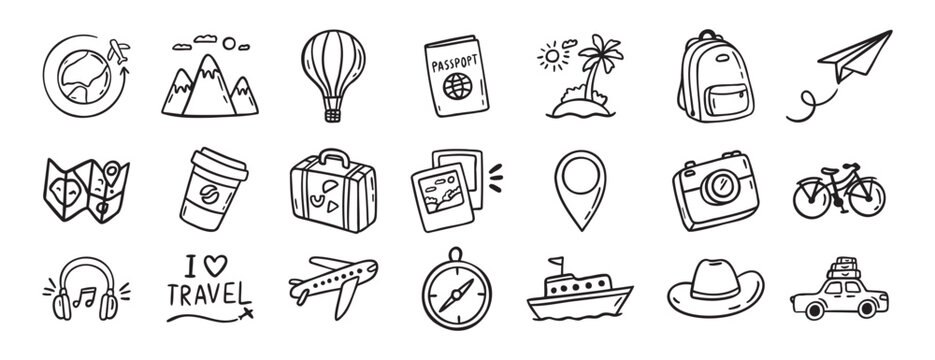 travel doodle hand drawn icon set. Outline drawing travel tourism line clipart symbols