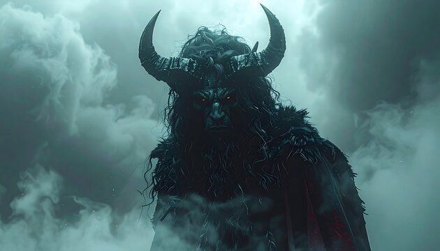 A fearsome horned demon emerges from billowing gray clouds