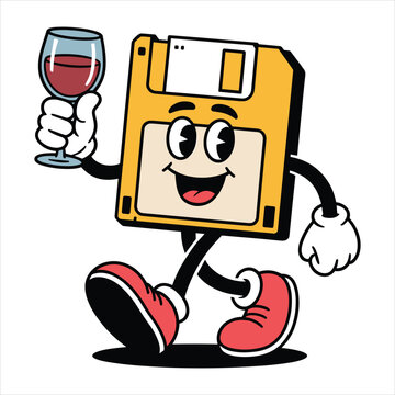 Cartoon floppy disk character walking with a glass of red wine diskette computer